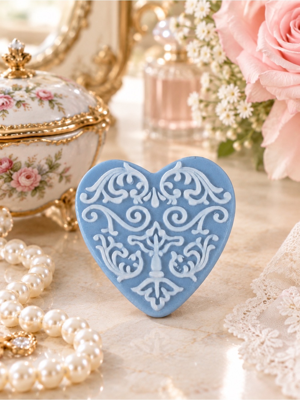 1970s Wedgewood Jasper Ware Stone Heart Pin Signed Brooch Ornate Scrollwork Blue